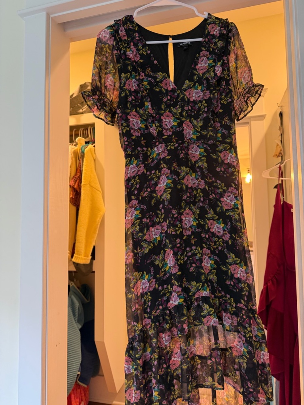 Express Black Maxi Dress with Pink Floral Print and Green Leaves